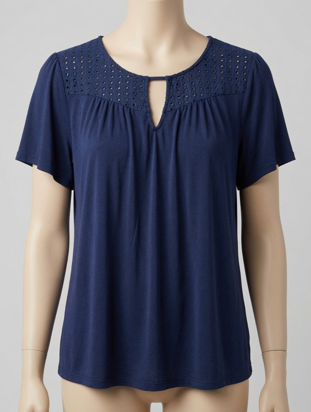 Papermoon Navy Eyelet Yoke Keyhole Flutter-Sleeve Tunic Top Size 2XL
